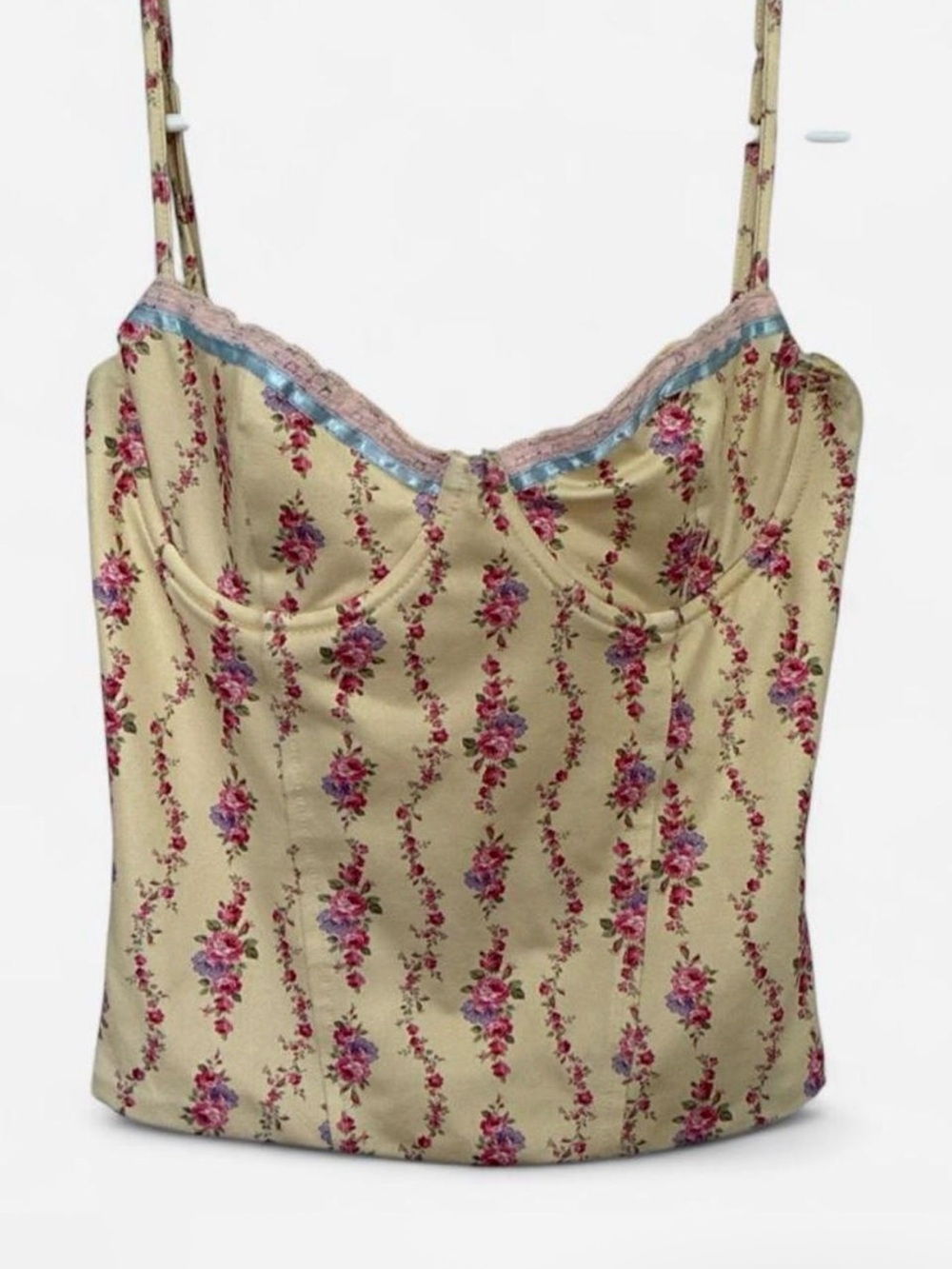 Edikted Indira Floral Lace-Up Corset Camisole in yellow, size small